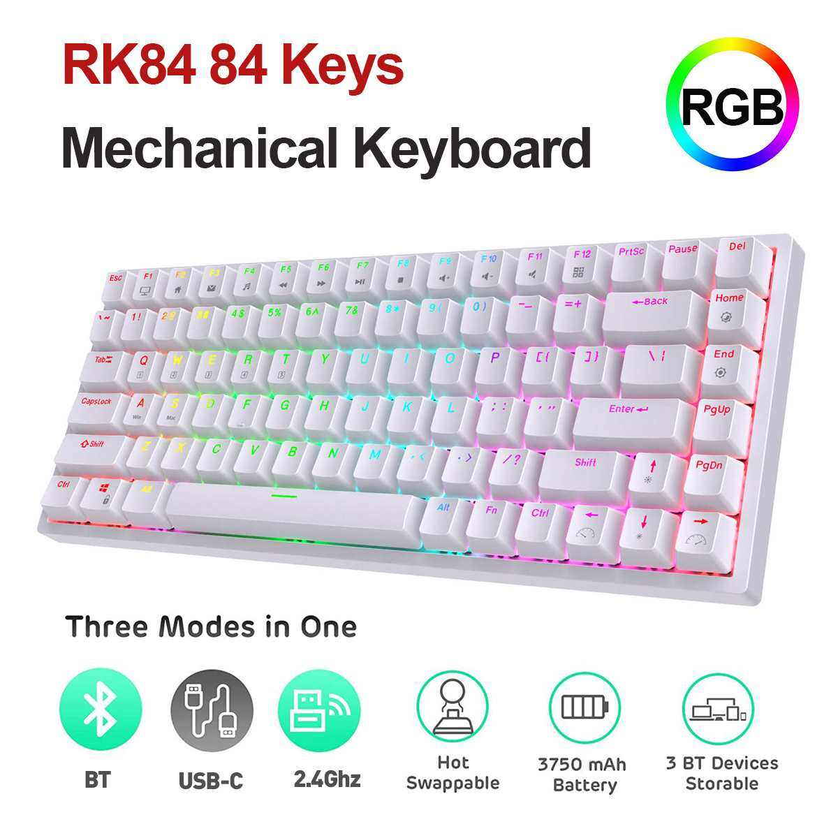 Bàn Phím Cơ RGB RK84 Chính Hãng Bàn Phím Chơi Game 84 Phím Có Thể Hoán Đổi Nổi Bật Bàn Phím Cơ Chơi Game Đèn LED Trắng Ba Chế Độ Cho Máy Vi Tính Máy Tính Xách Tay Di Động