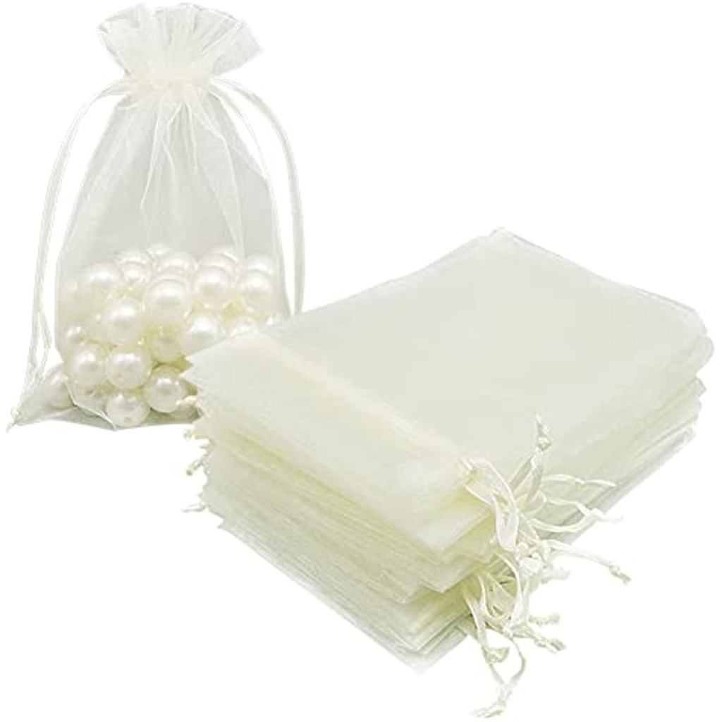 Beige Organza Bags Mesh Jewelry Pouches Candy Drawstring Gift Bags Small Sachet for Christmas Wedding Giveaway