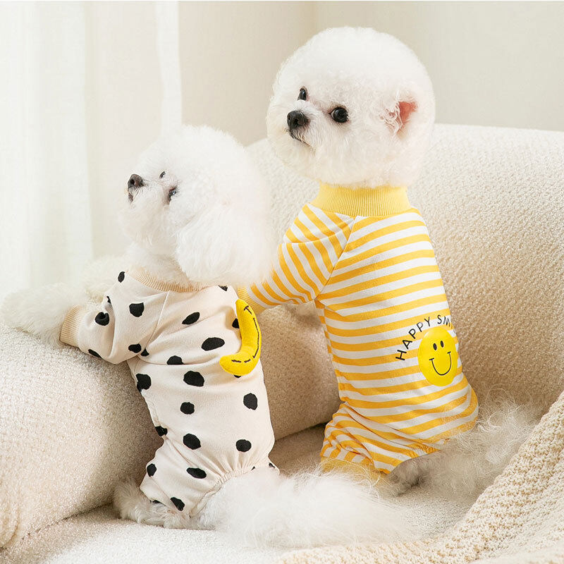 DY Loving Pet Home Wearing Warm Four-legged Dog Outfit Spotted Jumpsuit with 3D Banana Plush Pattern Ins Stripe Smiling Face Cat Costume