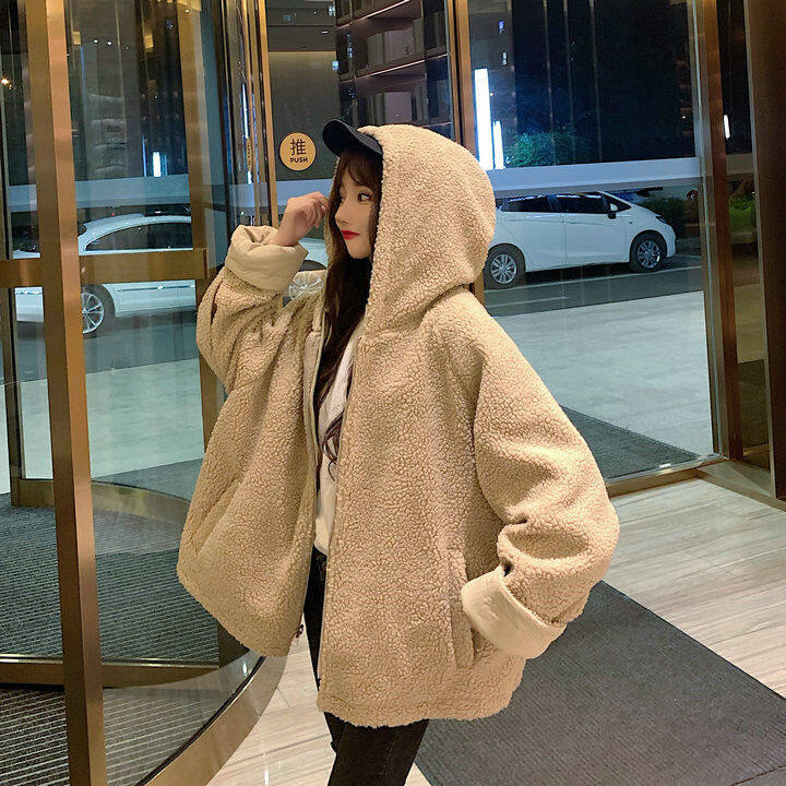 Thickened double-sided lamb wool coat for female ins students Korean style loose autumn and winter New Harajuku workwear cotton coat fashion