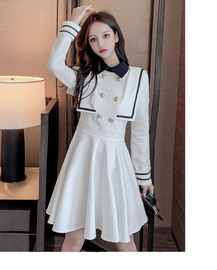 Navy style dress for women 2021 Spring and Autumn new small waist-tight temperament contrast color college style long sleeve A- line dress