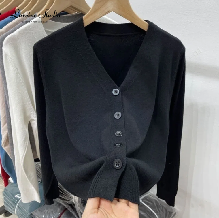 Lareine áo phong cách cổ điển Áo cánh nữ Pháp cổ chữ V tay áo dài áo khoác dệt kim Áo len cardigan