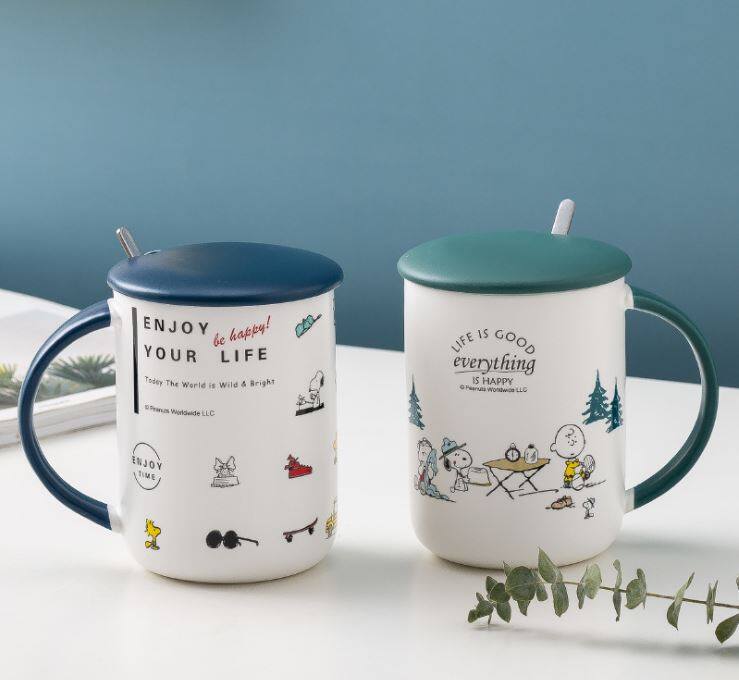 Gambar Snoopy Ceramic Cup Ceramic Mug with Lid and Spoon Cup With Cover The Charlie Brown Cartoon Ready Stock