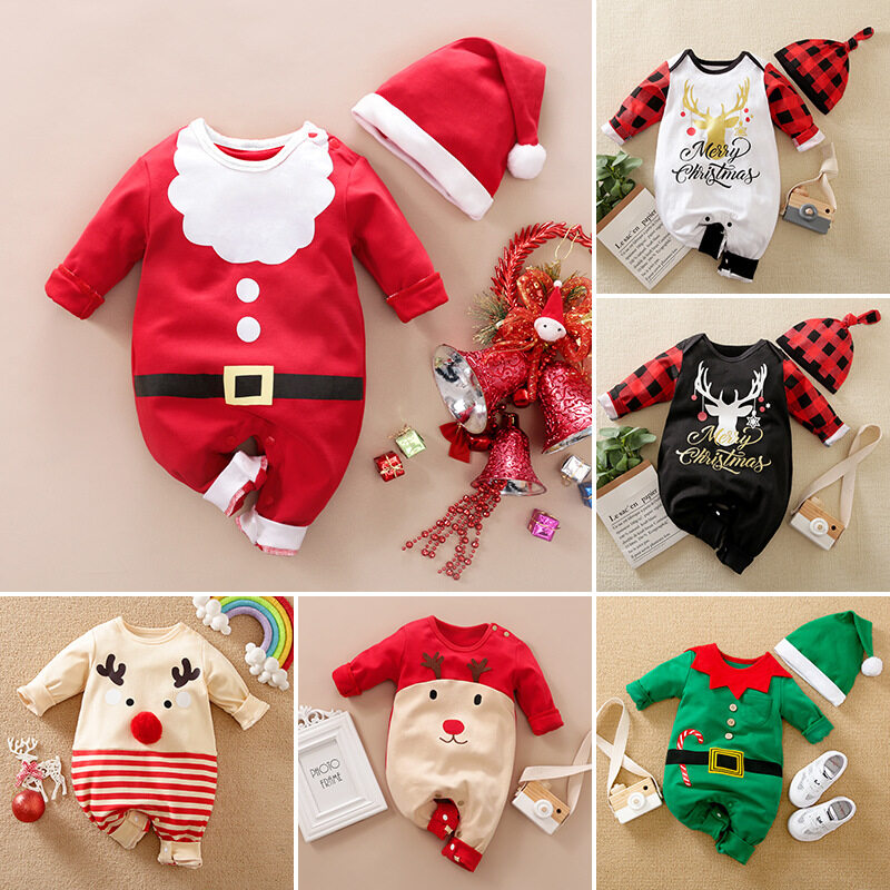 Bộ quần áo giáng sinh màu đỏ Jumpsuit quần yếm giáng sinh cho trẻ sơ sinh với mũ Halloween Xanh Elves bodysuit Kid cậu bé ông già Noel trang phục