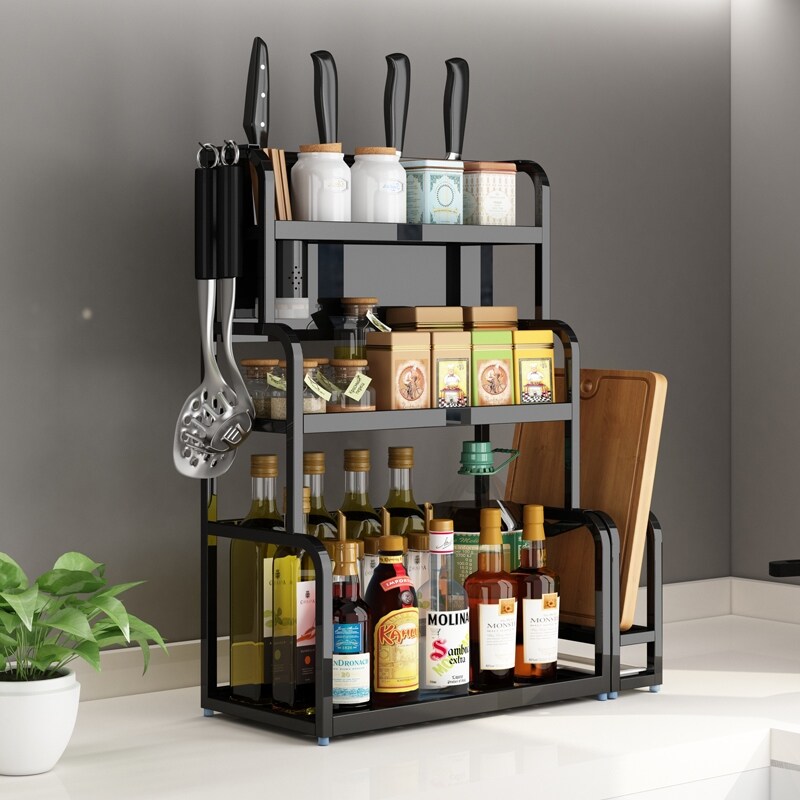 Gambar Stainless steel kitchen shelf products to receive black mesa of household flavor seasoning box shelf bottle tool rest on three floors