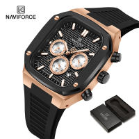 นาฬิกา NAVIFORCE สำหรับผู้ชายนาฬิกาข้อมือกันน้ำดั้งเดิมควอตซ์แบบบอกวันที่วันโครโนกราฟกล่องสี่เหลี่ยมจตุรัส Tali Jam Tangan Karet 8037