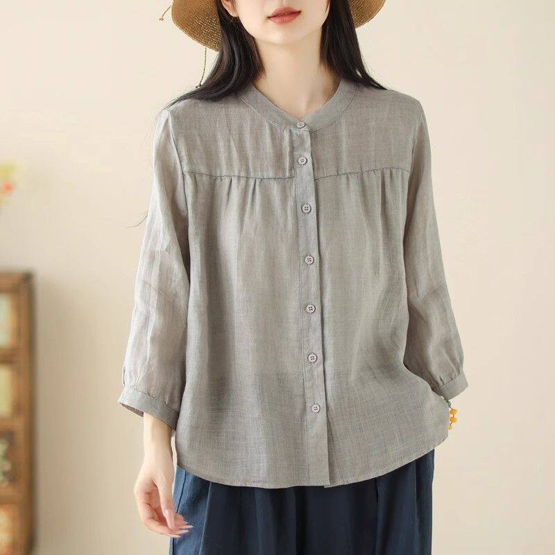  Luckin áo cánh thường ngày dáng rộng tay 3 4 Áo Linen cotton cho hàng hiệu cho phụ nữ áo che nắng mỏng mùa hè mới 2025 