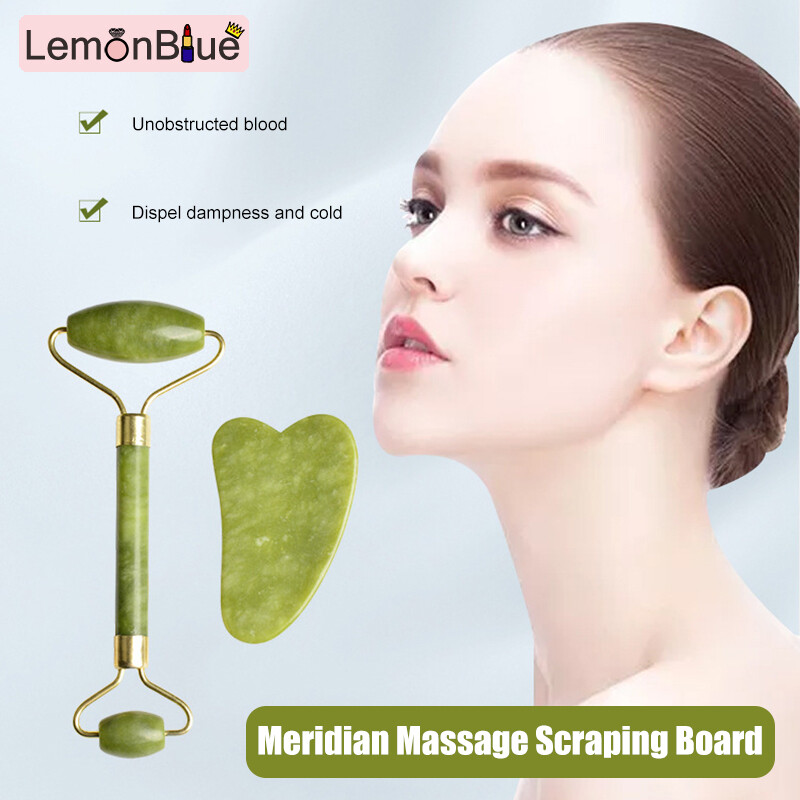 Gambar LemonBlue 2pcs Massager Guasha Facial Jade Roller Face Lift Body GuaSha Board Tool Set