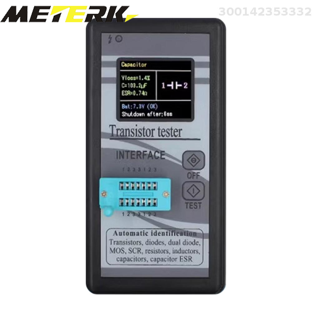 Meterk Kiểm tra bóng bán dẫn NPN PNP Transistor Diode điện trở cuộn cảm điện dung MOS SCR Đồng hồ đo ESR với 1.8 inch Màn hình TFT Tự động phát hiện pin