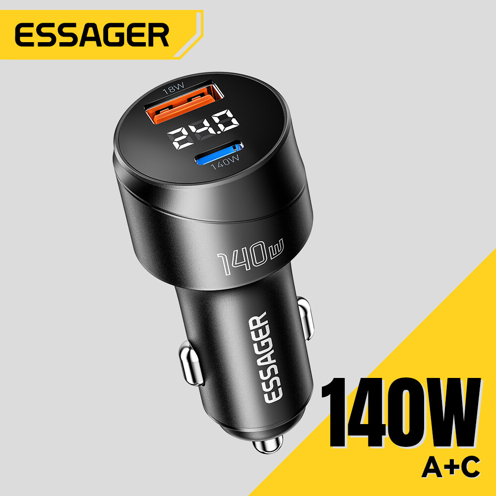 Essager pd140w sạc điện dùng trên xe hơi USBA + TypeC Hợp kim nhôm Màn hình hiển thị kỹ thuật số sạc
