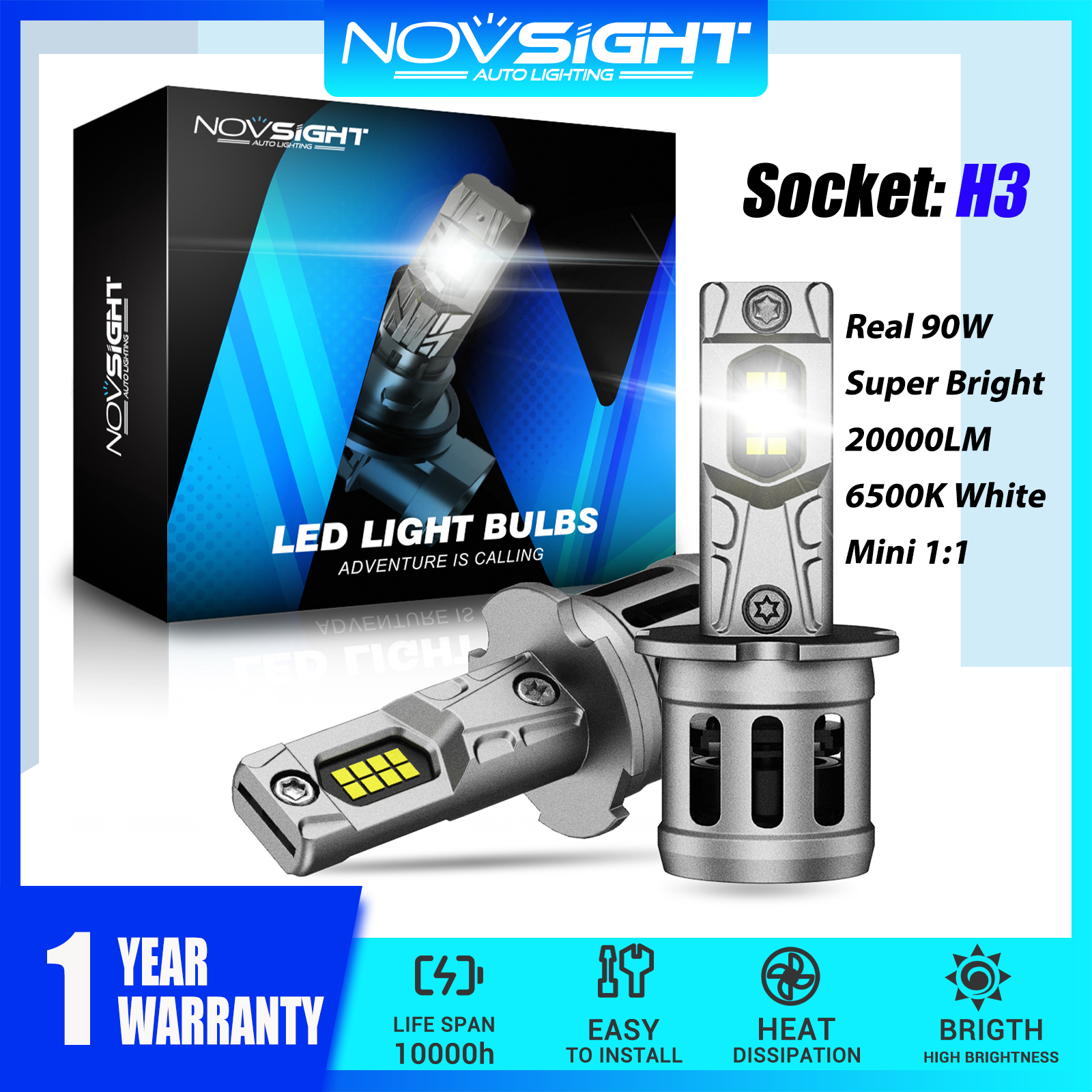 Novsight N63 LED Lights for Car H3 LED Headlight Bulb High/Low Beam Fog Light 90W 20000LM 6500K Super Bright Mini 1:1 Design Plug&Play 2Pcs 1 Year Warranty Free Shipping Giá 618,576 Đồng*Miễn phí vận chuyển