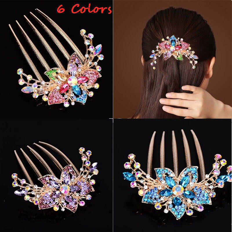 Exquisite Colorful Flowers Rhinestone Hairpins Retro Women's Hollow Out Crystal Insert Comb Plate Hairpin Fashion Hair Accessories Headdress