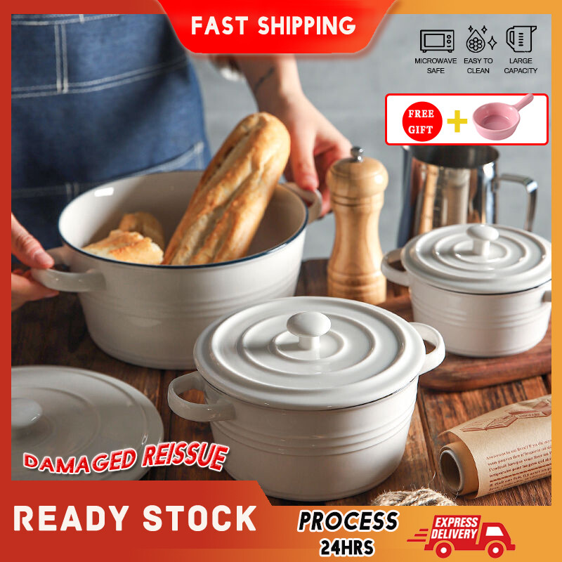 Gambar Double Ear Soup Bowl Household Ceramic Instant Noodle Bowl with Lid Soup Bowl Large Tableware