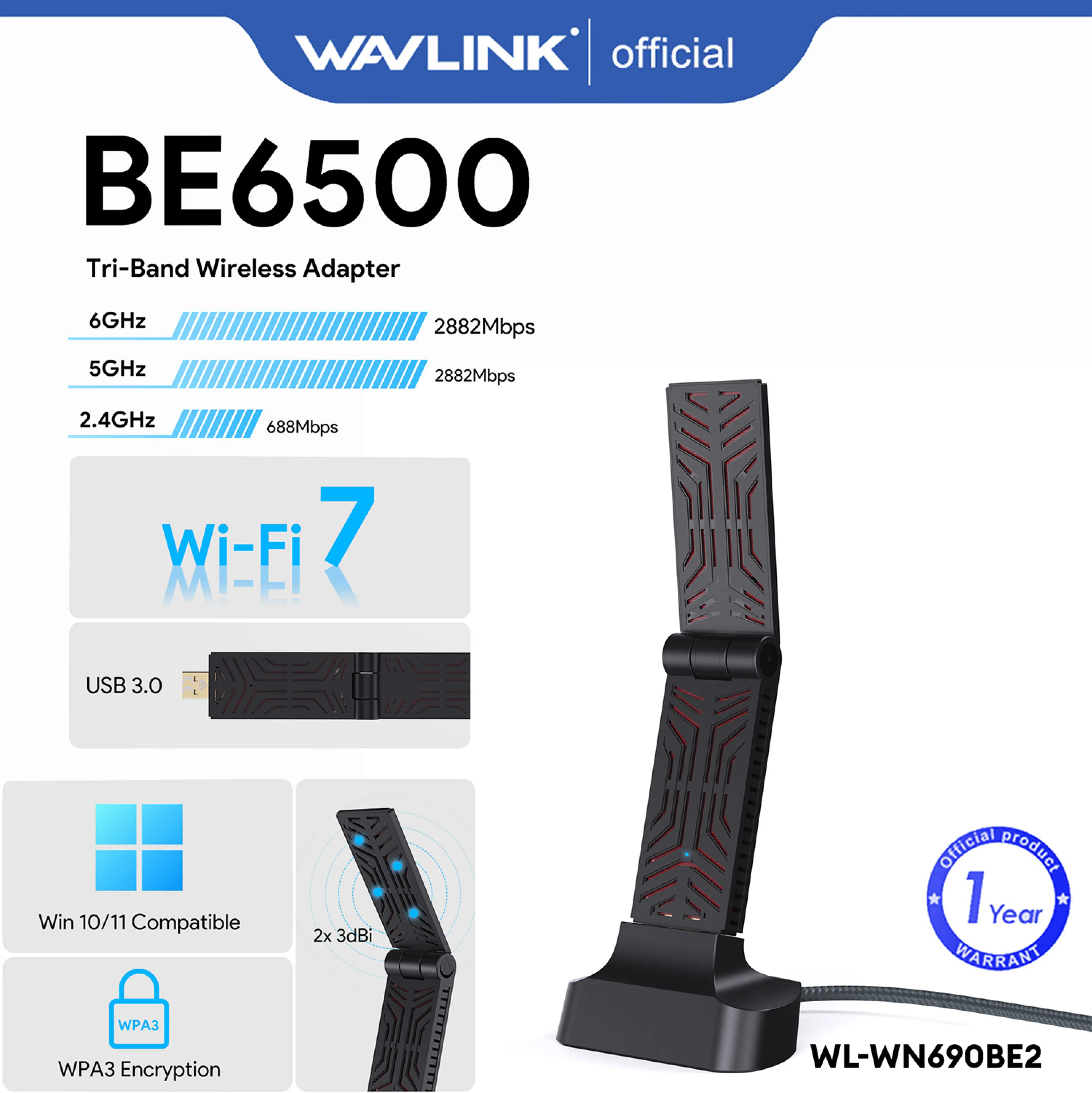 WAVLINK Wi-Fi 7 BE6500 Tri-Band USB 3.0 Wireless Adapter for Desktop PC | Up to 6452Mbps | 6GHz, 5GHz, 2.4GHz | Omni-Directional Antennas | Windows 10/11(64 bit) Compatible