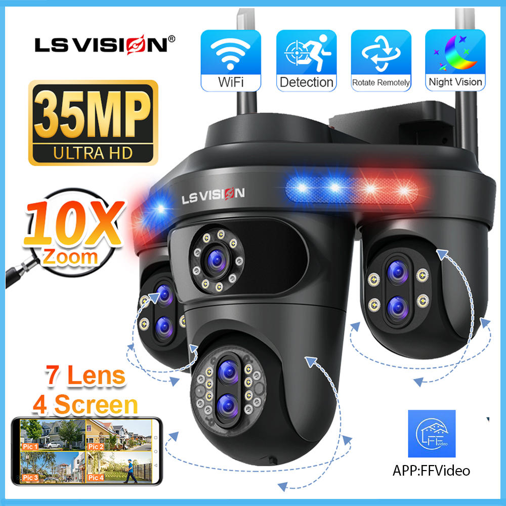 LS VISION 7 Lens 4 Screen 35MP 3 PTZ 10X Optical Hybrid Zoom Lens WIFI CCTV Camera Humanoid Detection Automatic Tracking Bluetooth Security Camera IP66 Waterproof Outdoor Full Color Night Vision Two-Way Audio IP Cameras ราคา 2,299 บาท*ส่งฟรี