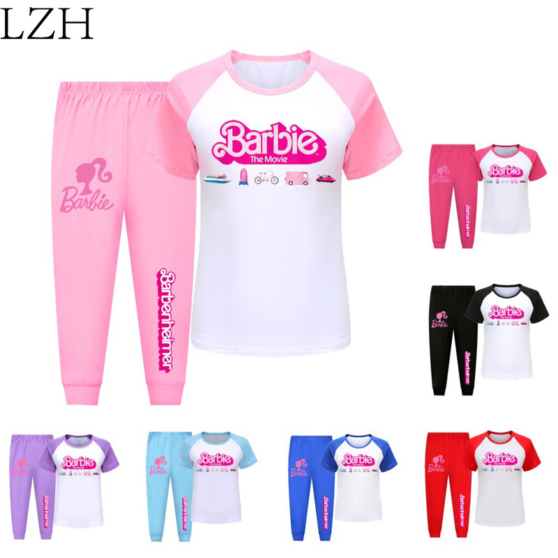 Lzh trẻ em mới Barbie Bộ phim trẻ em in chữ cái tay ngắn + Quần mùa xuân và mùa hè Bộ đồ ngủ
