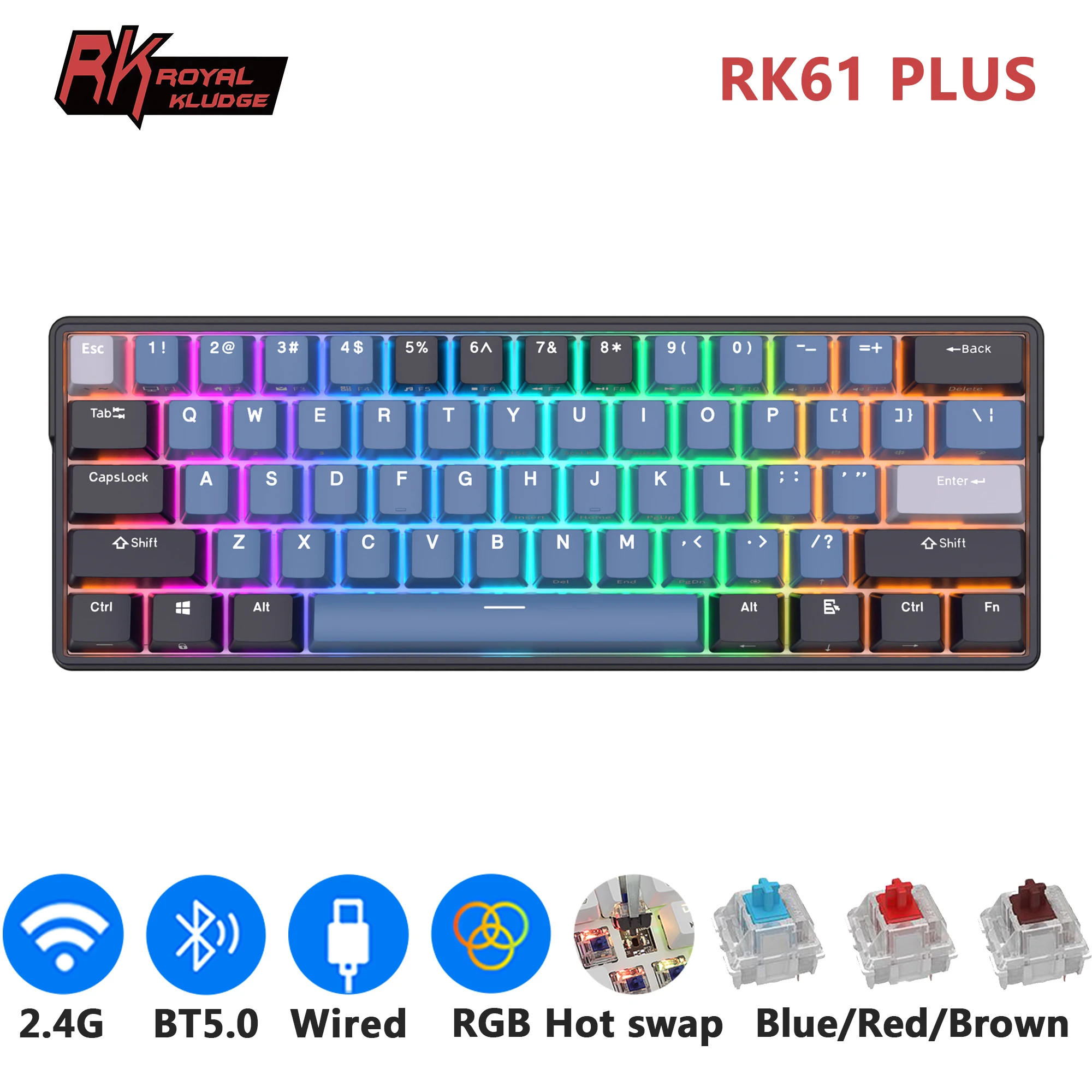 ROYAL KLUDGE RK61 Plus 2.4G Wireless Bluetooh Mechanical Keyboard 61 Keys