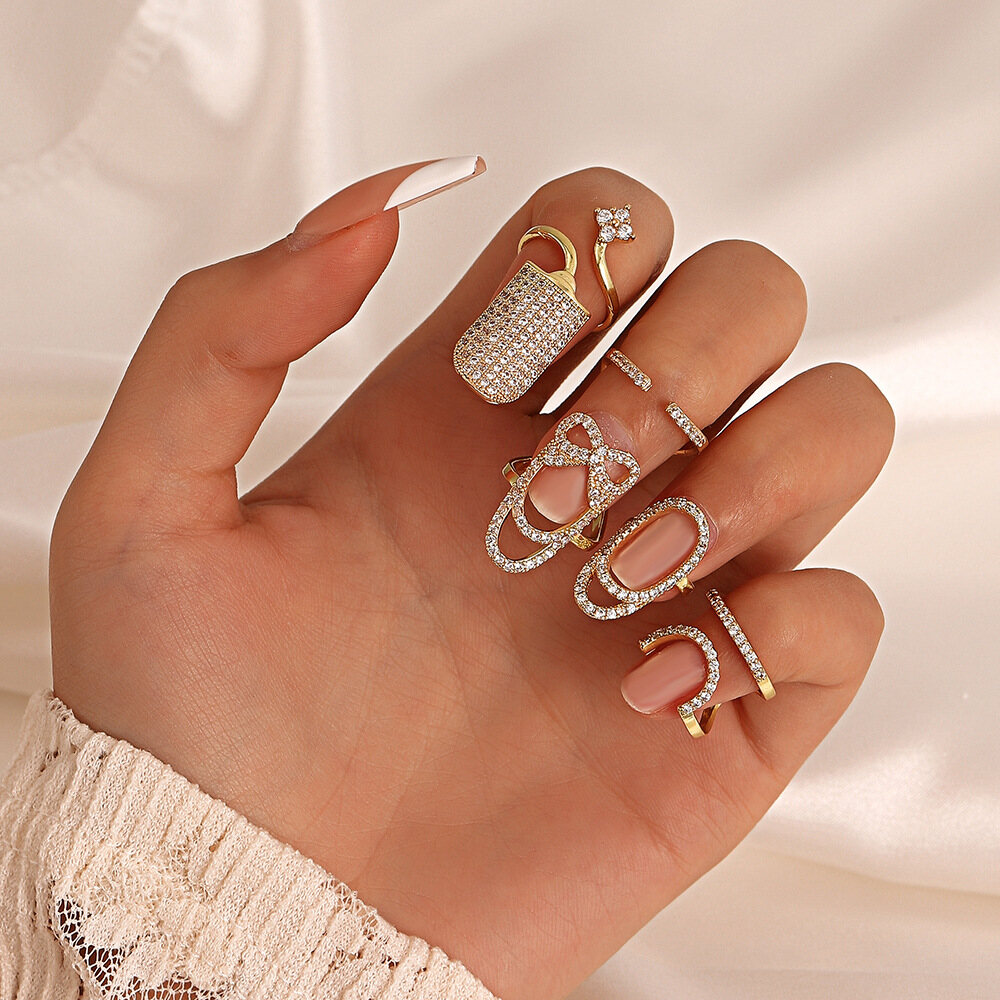 WHC Jewelry Mới sang trọng ziricon sáng bóng Nhẫn móng tay hình học làm móng chung Nhẫn nữ thiết kế thời trang