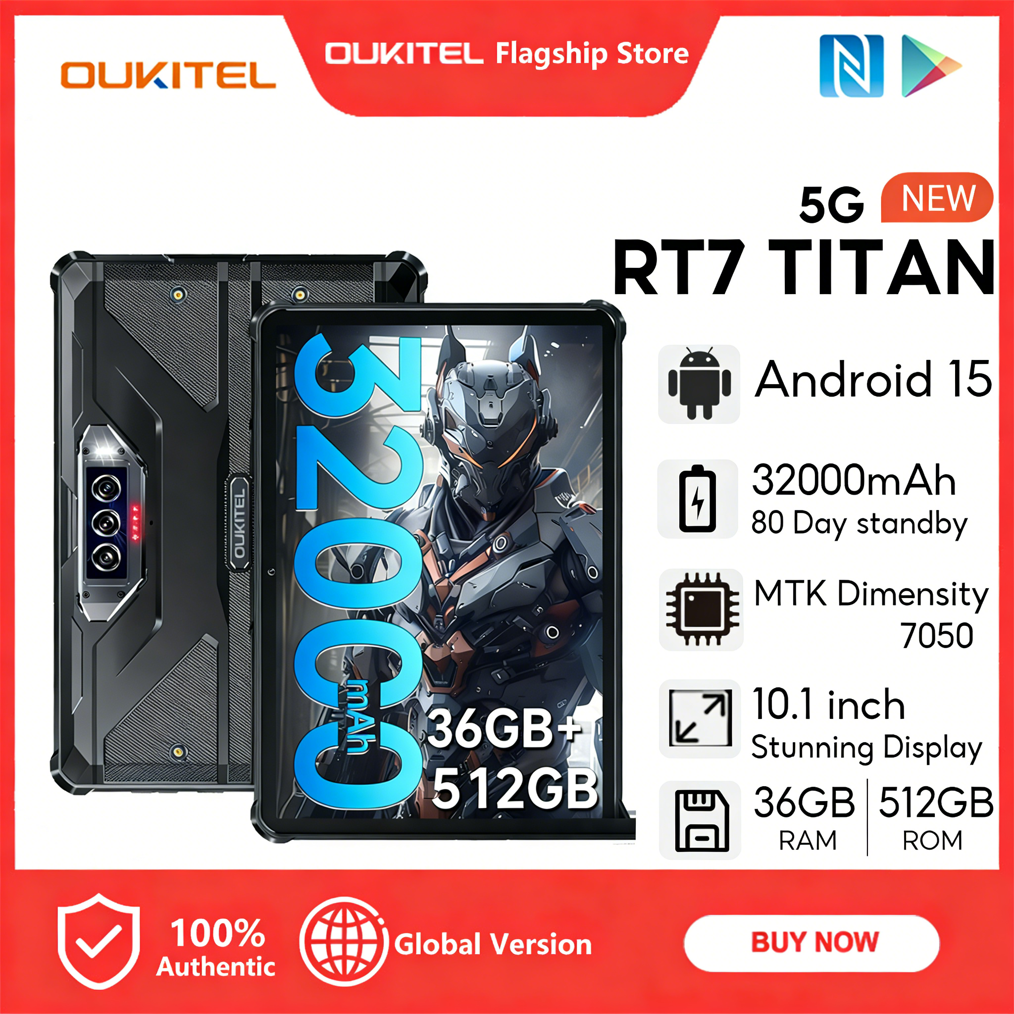 OUKITEL RT7 TITAN 36GB+512GB 5G Android 15 Rugged Tablet 32000mAh 10.1" 48MP+20MP Tablets PC Harga  1,933 Ringgit*Penghantaran Percuma