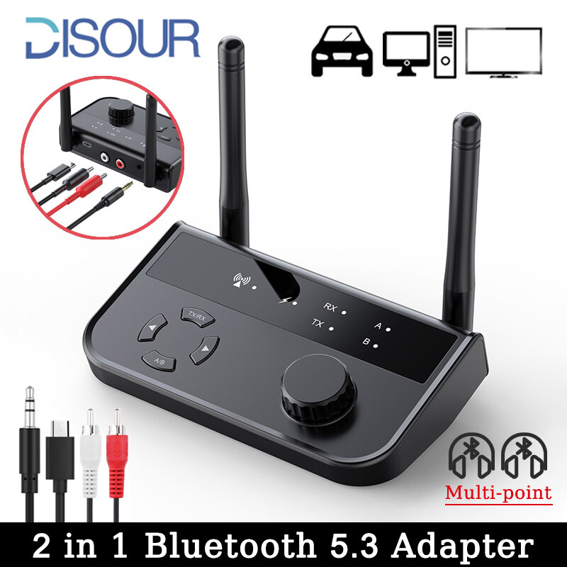 Disour bộ thu phát âm thanh đa điểm bluetooth 5.3 bộ chuyển đổi không dây nghe nhạc âm thanh nổi aux 2 rca 3.5mm dongle 2 trong 1 cho xe hơi bộ khuếch đại loa gia đình máy vi tính tai nghe bluetooth
