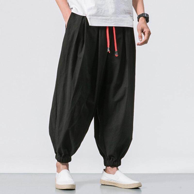 mens solid color baggy loose drawstring casual cotton harem pants