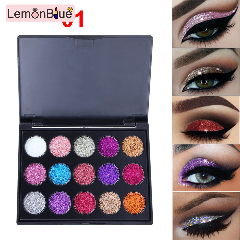 Gambar LemonBlue 15 Colors Flash Sequins Eyeshadow Palette Matte Shimmering Naturally Long Lasting No Smudging Eye Shadow