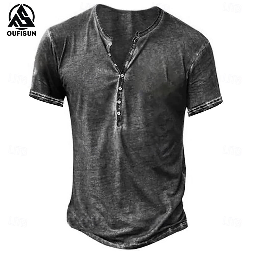 【Oufisun áo thường ngày phong cách retro đường phố ngắn áo có tay Hawaii Áo sơ mi cổ điển màu trơn thương hiệu cho nam vòng cổ đơn giản áo phông thoáng khí khuy áo phông thăng hoa hoàn toàn