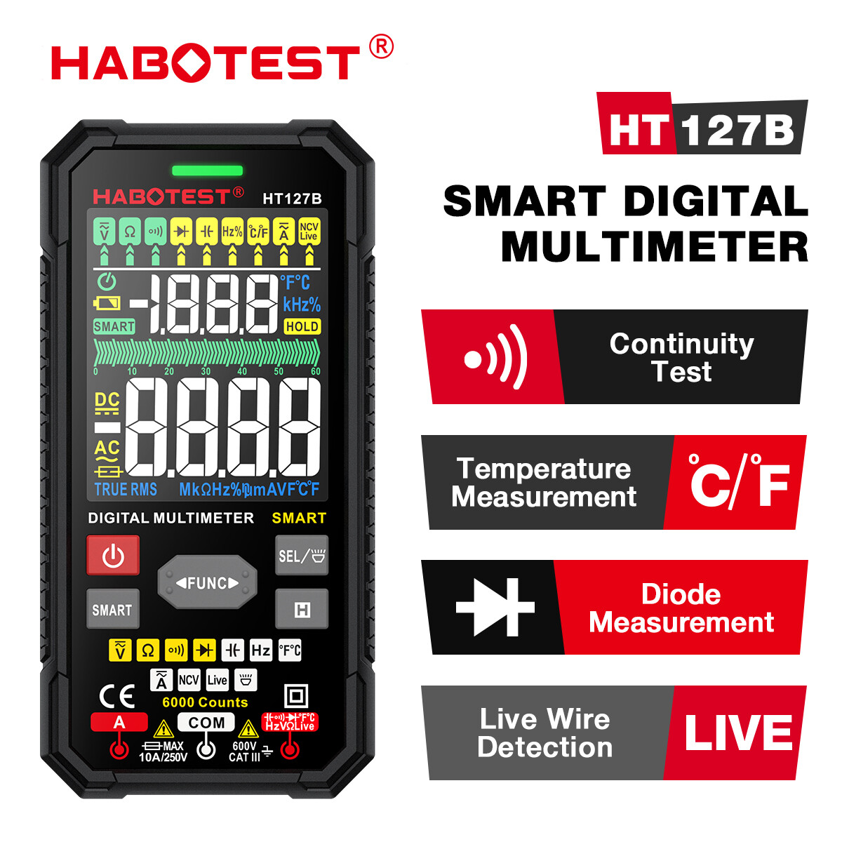 Habotest ht127 600v ac/dc đồng hồ vạn năng kỹ thuật số thông minh đồng hồ vạn năng ncv true rms 6000 đếm đồng hồ đo điện thông minh chống cháy