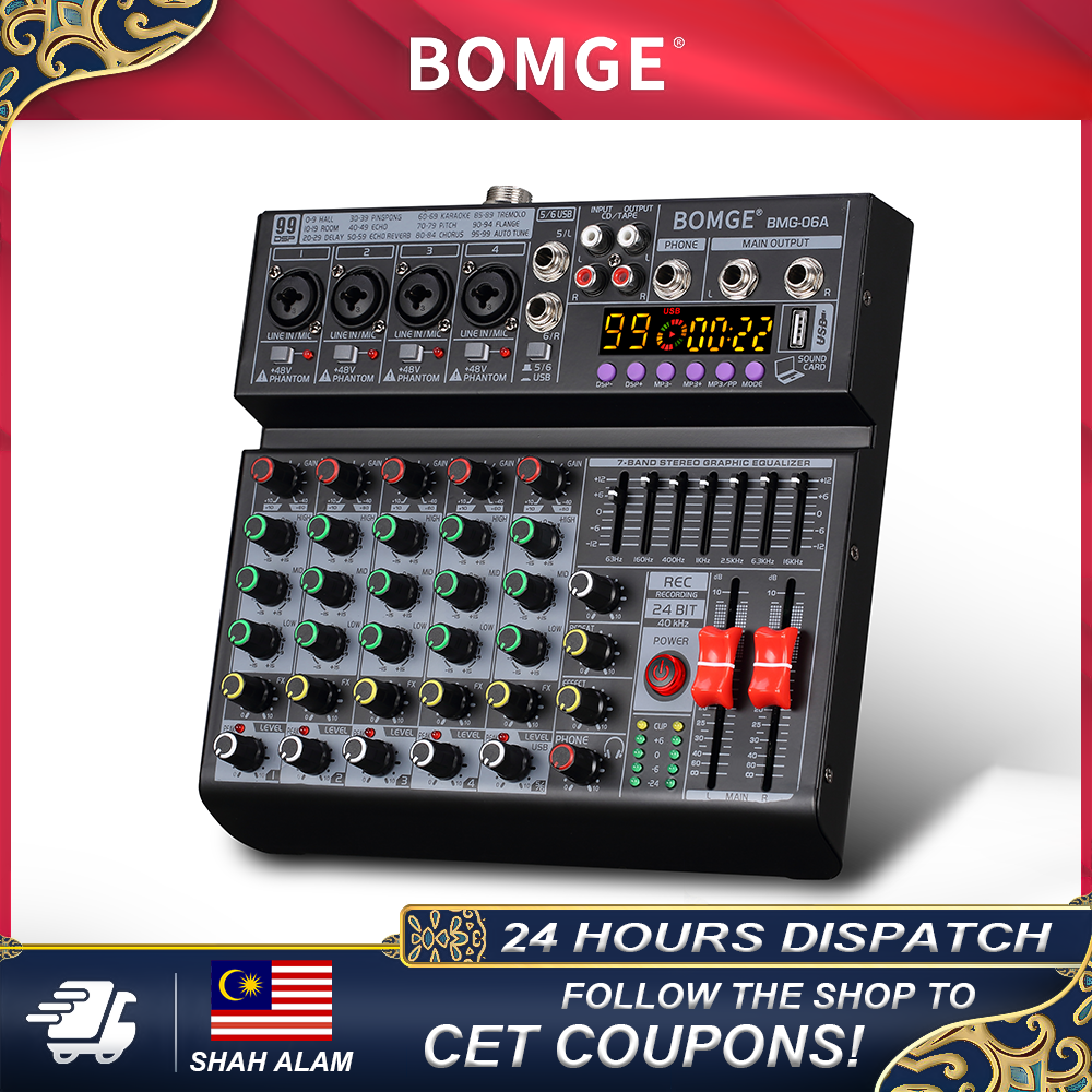 BOMGE 06A Mixer Audio 6 Channel profesional, dengan 99 DSP EQ, fungsi Bluetooth 48V bebas, studio, pentas DJ, pesta