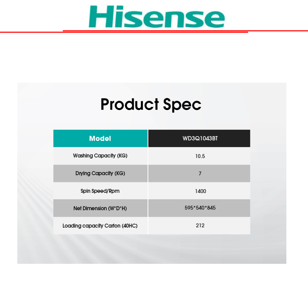 HISENSE FRONT LOAD WASHER DRYER [10.5KG/7KG] WD3Q1043BTHISENSE