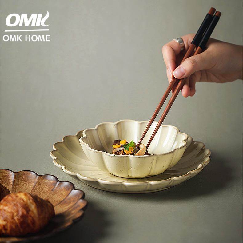 OMK Handmade vintage style rough pottery dinner plate flower shape Ceramic Salad Bowl 350ML mug coffee cup ราคา 323 บาท*ส่งฟรี