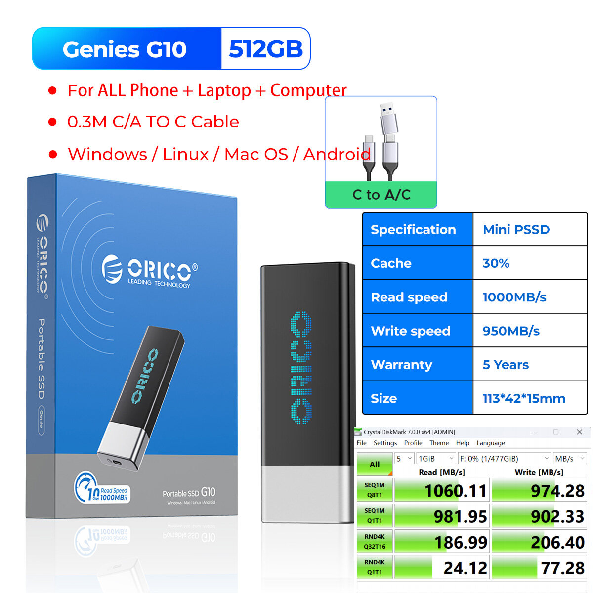 ORICO Genie 1000 MB/giây RGB cực xách tay SSD SSD ngoài 1TB USB 3.2 Gen2 Loại C pssd cho Iphone 15 M
