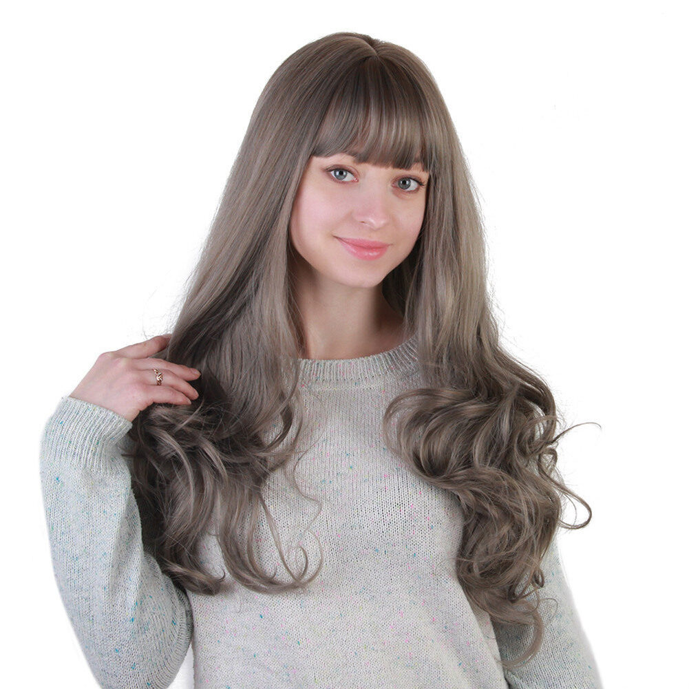Gambar Women Wavy Wig Long Hair Gray Color Big Curl Blunt Bangs Headwearing Heat Resistant Gray Color Blunt Bangs Heat Resistant Natural Wig Long Hair Wavy Wig Synthetic Hair Women Female Autumn Street Accessories Elegant Charming Sexy