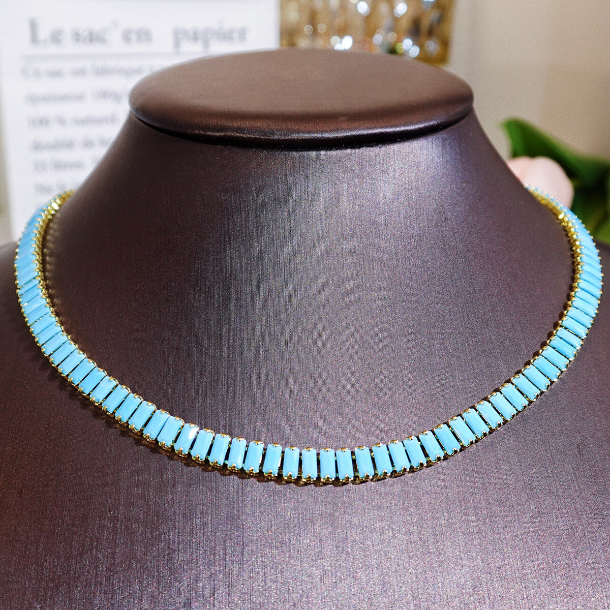 SEQUITO Attractive Wedding Party Jewelry Gold Plated Pave Setting Blue Baguette Cut AAA Cubic Zircon Bride Choker Necklace SN040 ราคา 291 บาท*ส่งฟรี