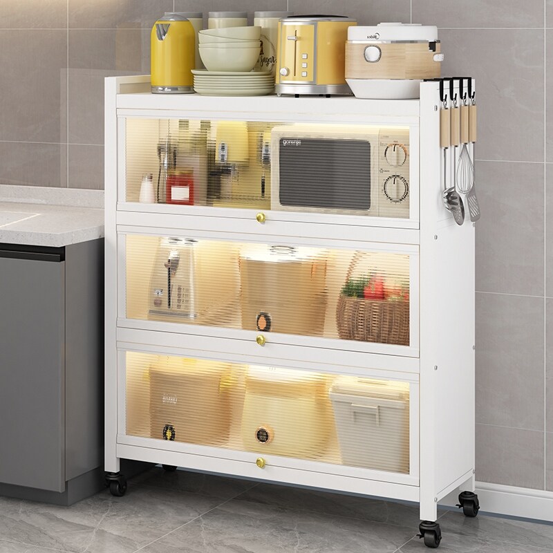 Gambar Door of cupboard of kitchen shelf with dust landing multilayer put pot eat edge ambry child receive storage appliances microwave oven