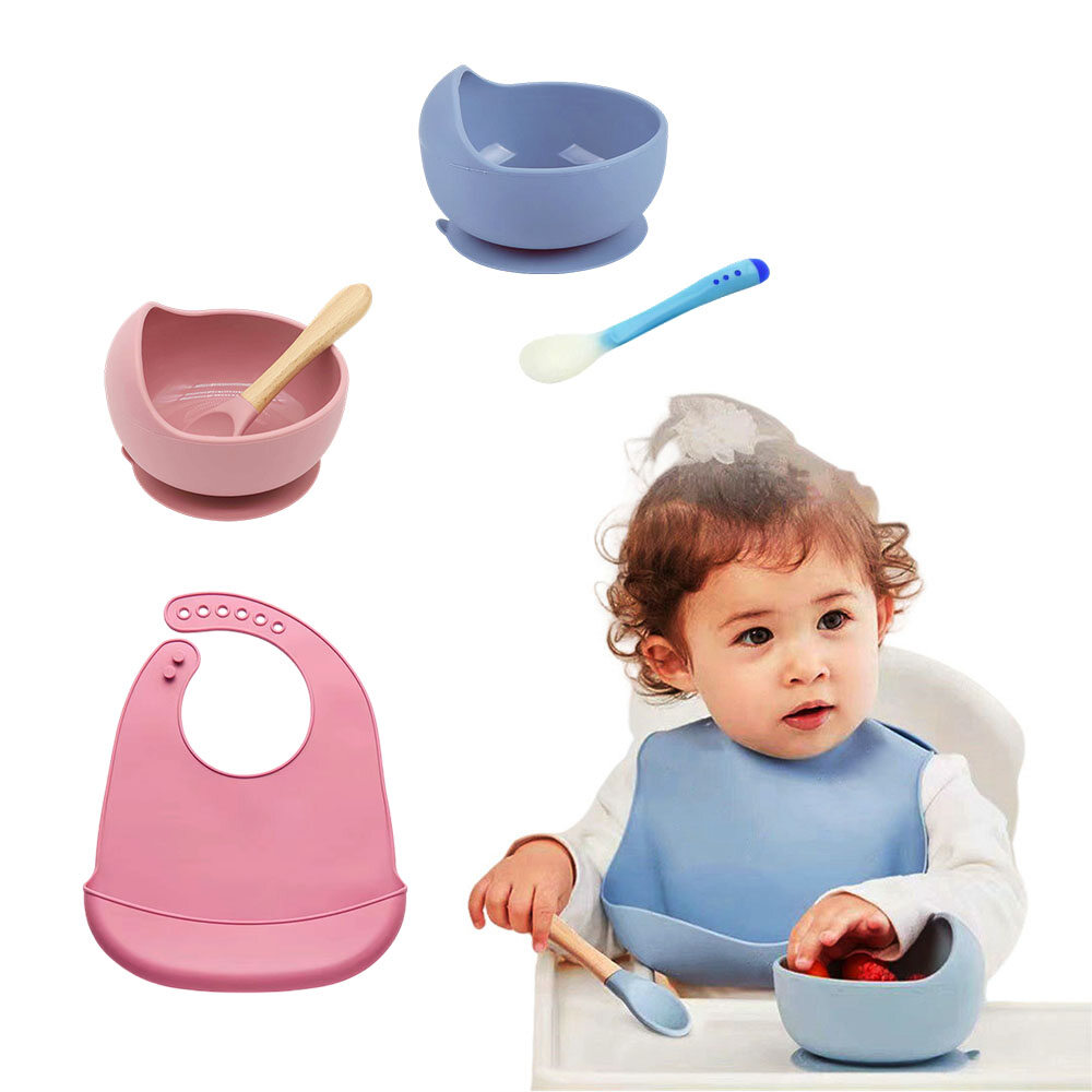 Trẻ em Bát ăn Silicone với thìa gỗ Non-Slip Silicone bát với muỗng BIB 2/3PCS SET/trẻ em Bát ăn toosl Silicone với núm hút cao su/bình mớm cho trẻ Bộ thìa dĩa/trẻ em tự phục vụ Bộ đồ ăn Bát với hút/ốc bát Silicone với muỗng spork
