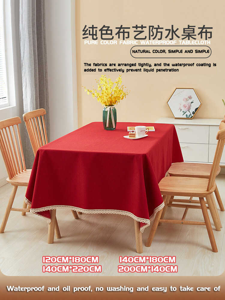 Gambar 120 220CM Nordic Fabric Cotton and Linen Waterproof Tablecloth Simple and Fresh Solid Color Rectangular Flower Dining Table Desk Fabric