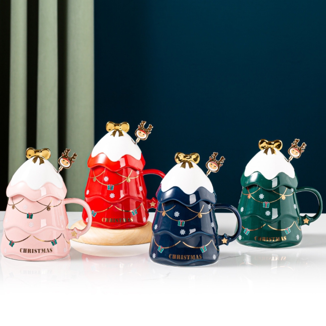 Gambar ?? Ready Stock?? Christmas Tree, Elk, Ceramic Cup, Home Coffee with Lid, High value Christmas Gift