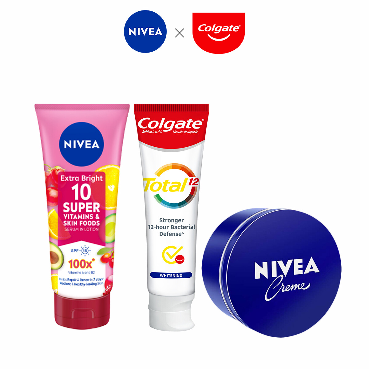 Gambar Nivea Creme 250ml + NIVEA Extra Bright Super 10 Lotion 180ml + Colgate Total Whitening 150g