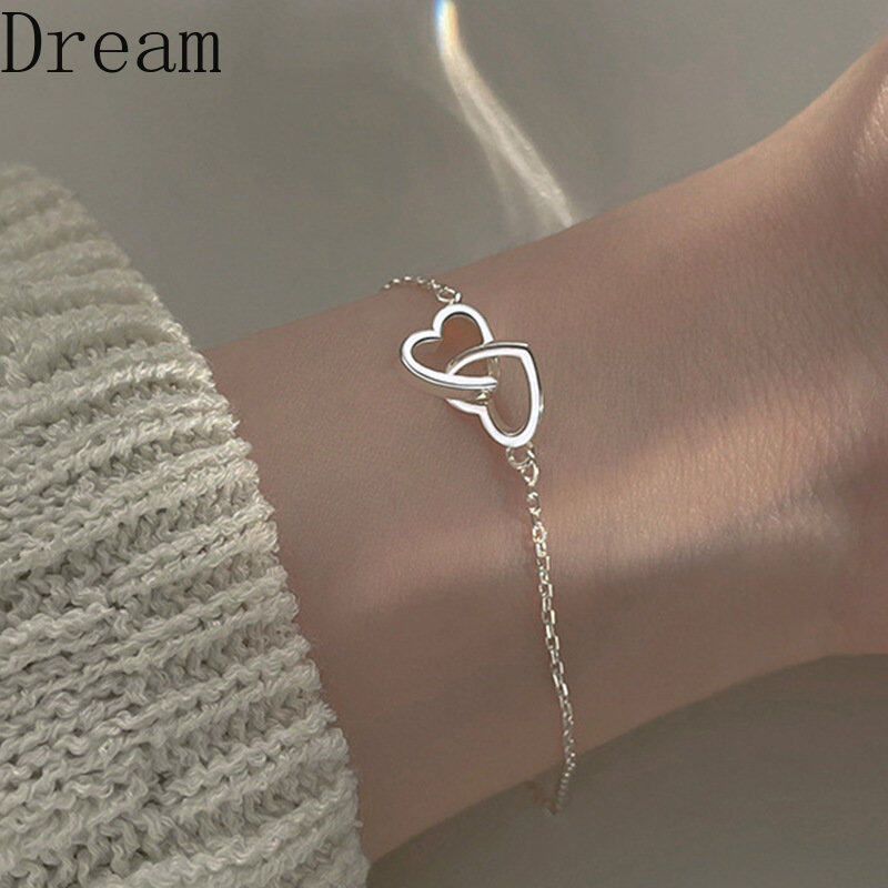 Fashion Hollow Double Heart Pendant Bracelets for Women Silver Elegant Temperament Bracelet Sweet Jewelry Gifts Accessories
