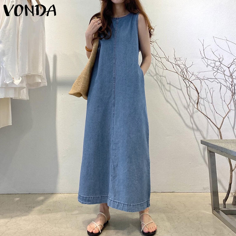VONDA Women Casual Crew Neck Sleeveless Solid Denim A Swing Long Dress Plus Size (Korean Causal)