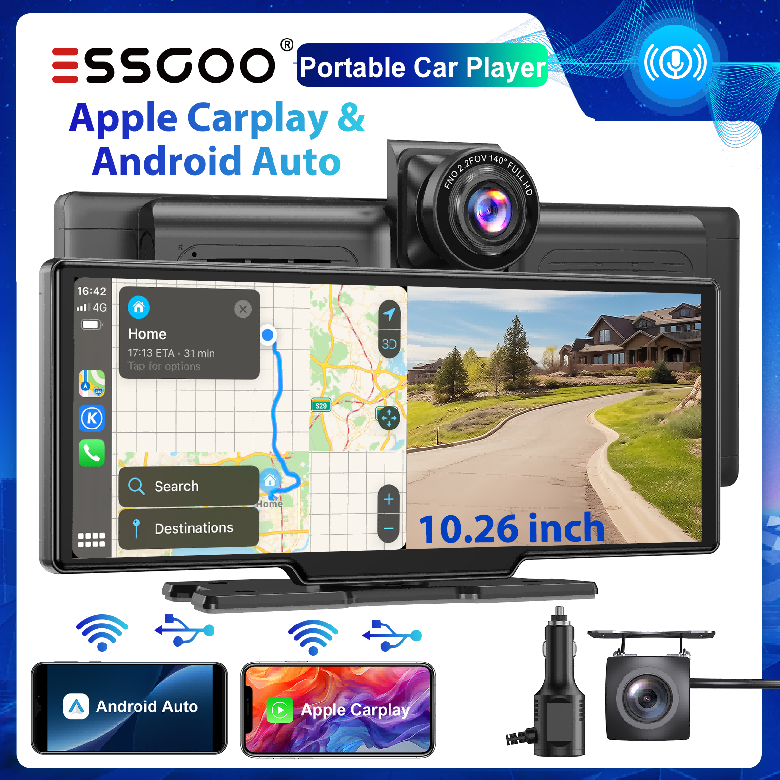 Essgoo 10.26 "Inch Portable Player, 4K Front Camera + 1080P Rear Camera, Supports Carplay, Android Auto, Bluetooth, Fhd Ips 2.5D Touch Screen, Gps Navigation, Car Radio ราคา 2,498 บาท*ส่งฟรี