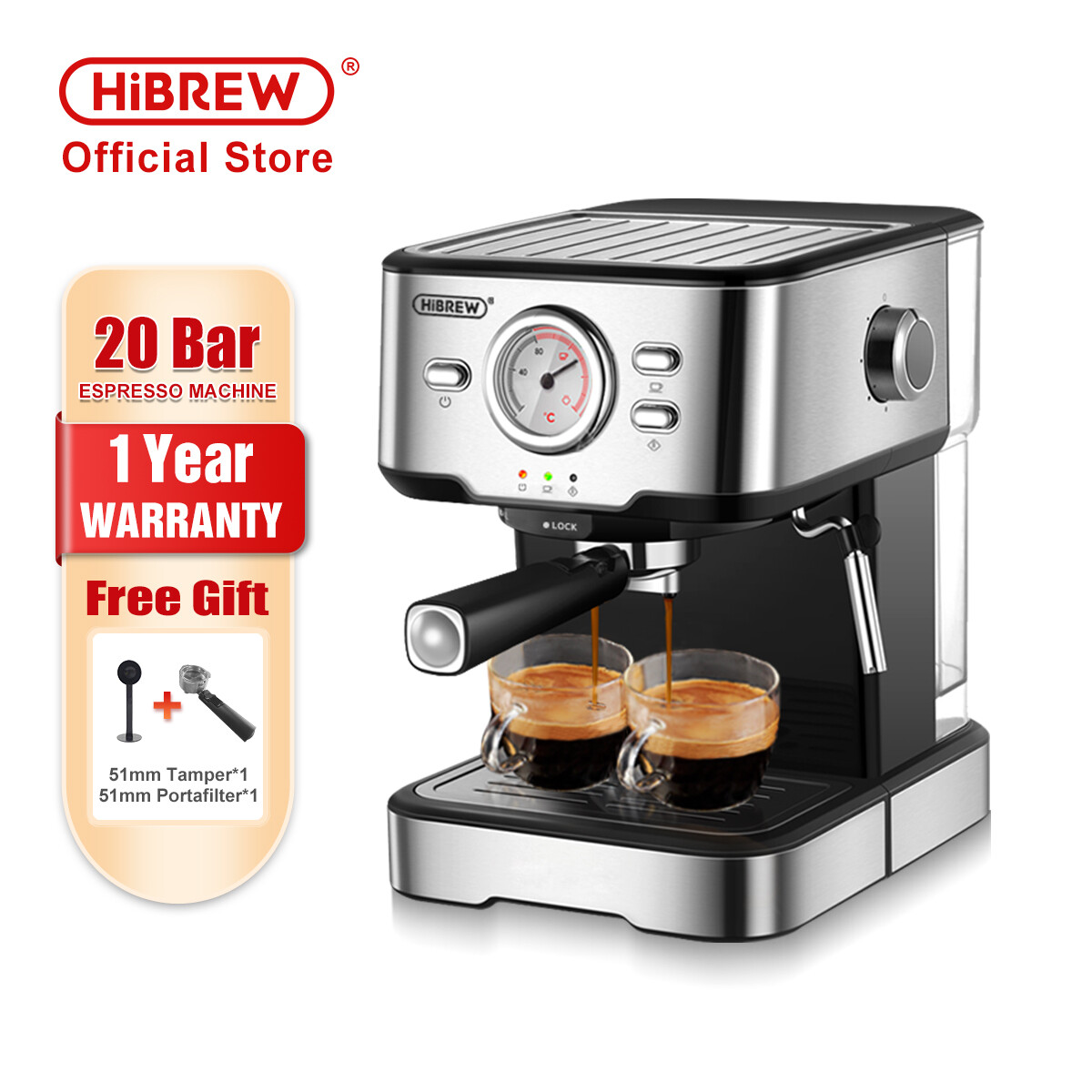 HiBREW Coffee Machine Cafetera 20 Bar Espresso inox Semi Automatic Expresso Cappuccino Hot Water Steam Temperature Display H5 ราคา 5,799 บาท*ส่งฟรี