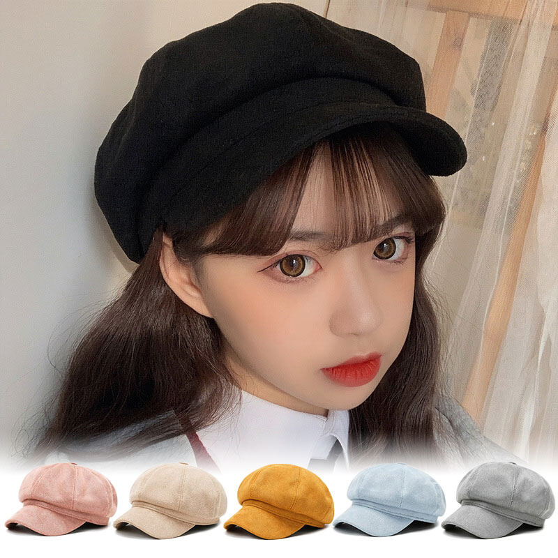 Letian mũ nồi nữ mũ lưỡi trai hình bát giác màu trơn newsboy baker boy mũ phẳng da lộn đỉnh retro mùa đông