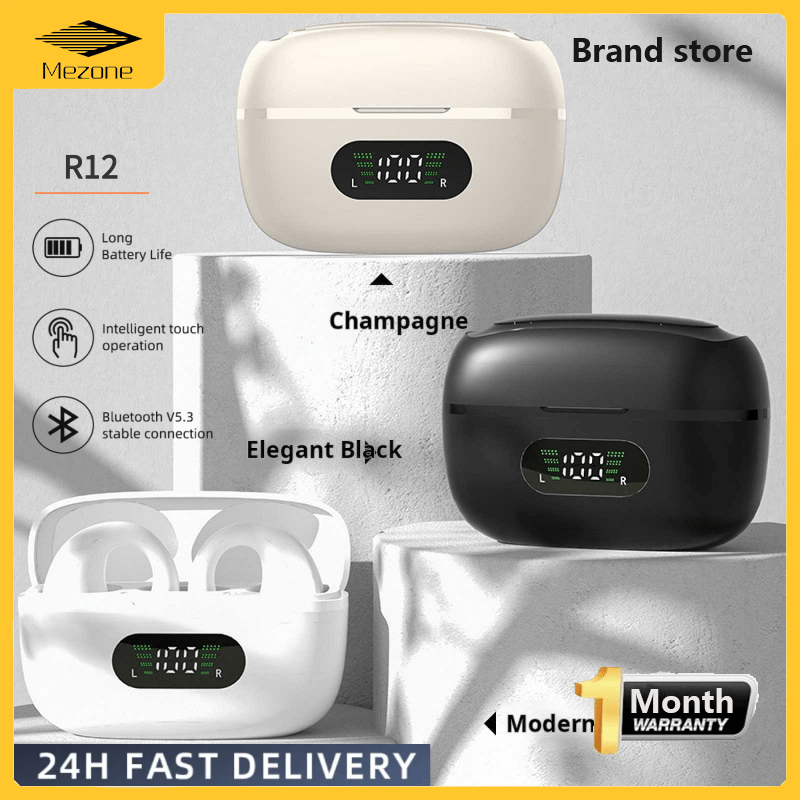 Mezone TWS Wireless Bluetooth R12 Earphones Sports Noise Reduction Headset Wireless Bluetooth Touch Control with Dual HD Microphone ราคา 284 บาท*ส่งฟรี