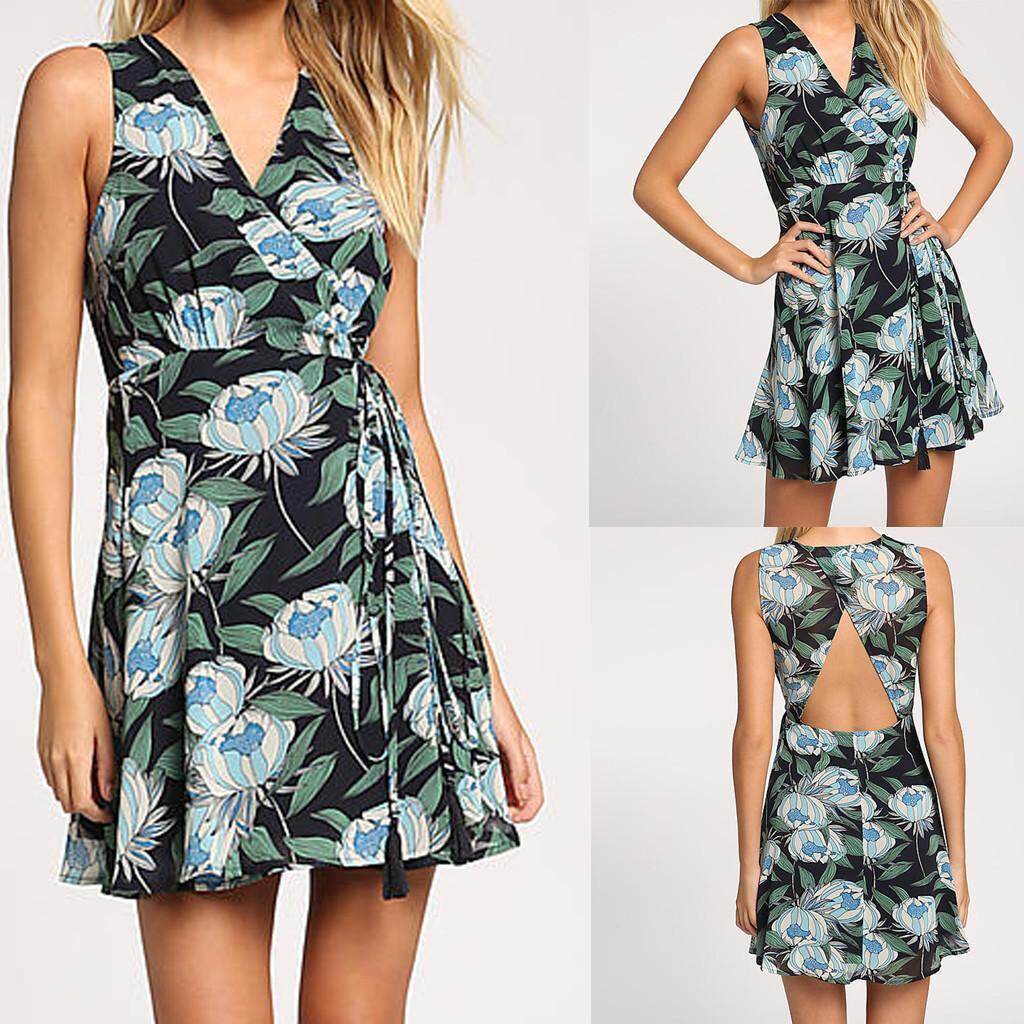 navy floral cut in neck wrap dress