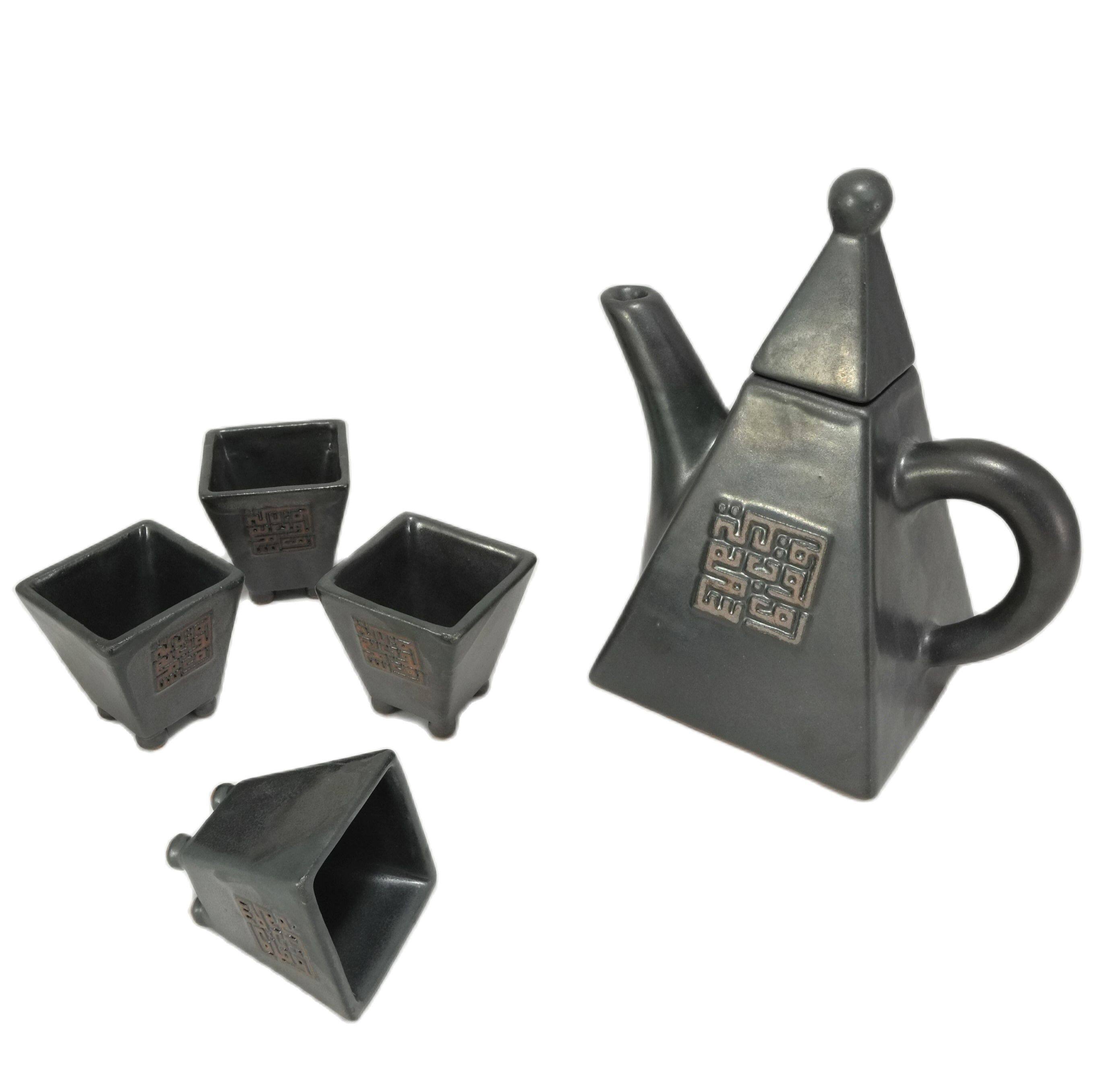 Gambar Keceramics Handmade Ceramic Tableware Segitiga Teapot With 4 Cups Set (Multiple Colours) (12.5 x 21.5 x 12.5 cm) Designer Handcrafted Decorative Dinnerware Accessory Ceramic Teapot Art Resort Spa Interior Design Home Decoration