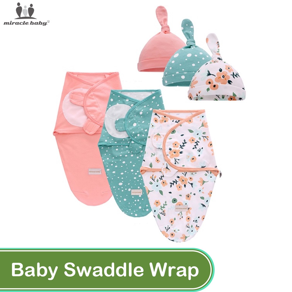 Miracle Baby Infant 3 in1 Set Baby Swaddle Blanket and Hat Receiving Blanket Wrap and Caps Cotton New Born Clothing Set Toddler Baby Swaddling Sleeping Bag Newborn Envelope Sleep Sack ราคา 858 บาท*ส่งฟรี