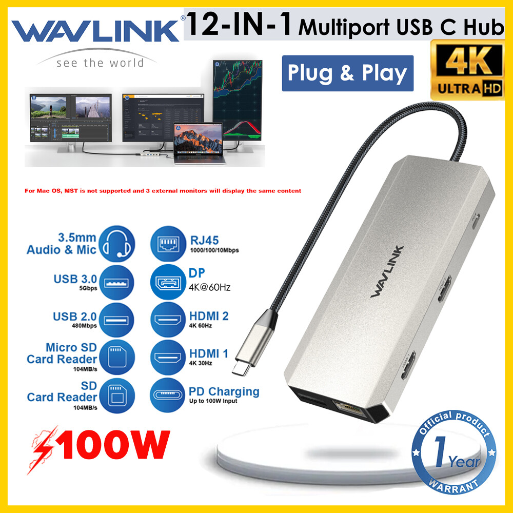Wavlink 12-Trong-1 USB C ba màn hình Hub Máy Tính Xách Tay trạm nối Dual 4K HDMI 4K Dp 5Gbps USB3.0 USB2.0 RJ45 SD Khe TF Âm Thanh Microphone 100W PD trong bộ chuyển đổi cho Macbook đa cổng Dell HP Lenovo