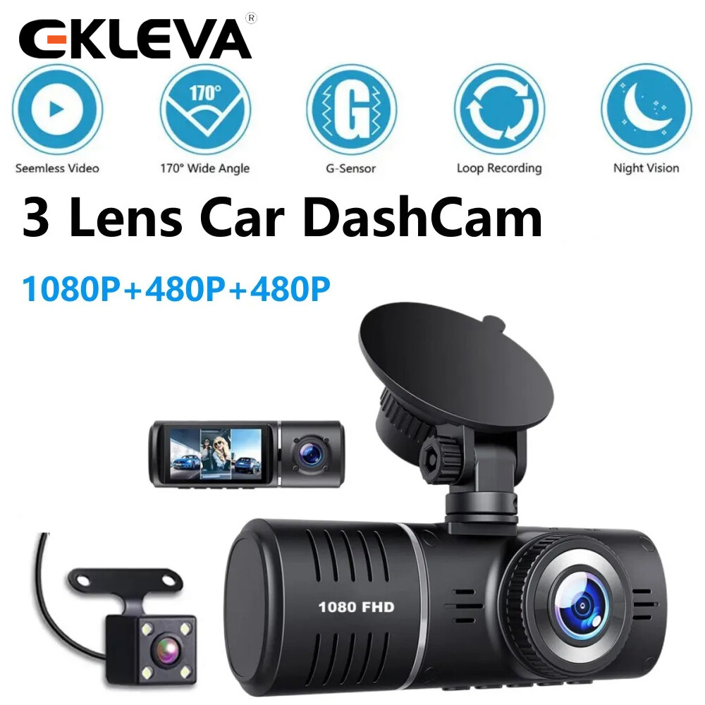 EKLEVA 3 Channel Dash Cam Car Camera 2.45 IPS Camera for Cars Dashcam HD